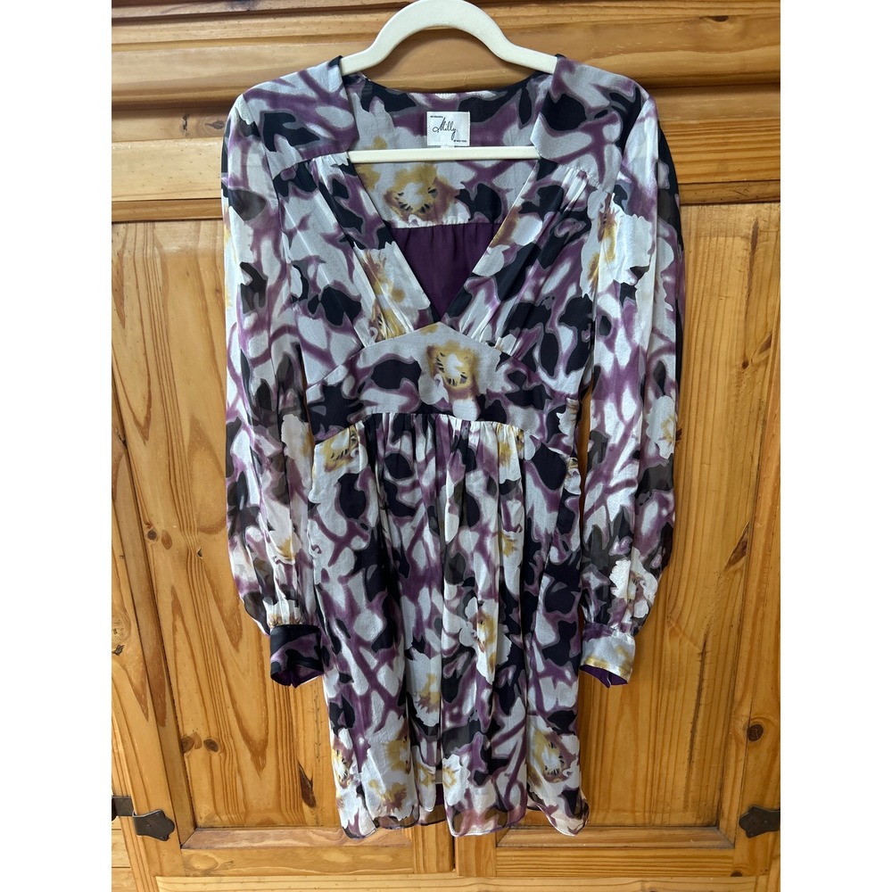 Milly of New York Purple Floral 100% Silk V-Neck Empire Waist Mini Dress Size 4